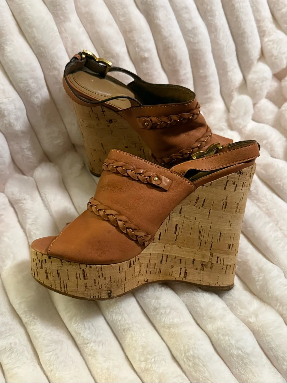 Chloe Brown Leather Cork Wedge Sandals with Braided Straps